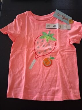 Cat & Jack Coral Pink Graphic Strawberry Tennis Tee - Girls
